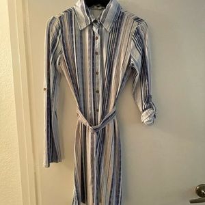 Blue stripe collared dress with belt